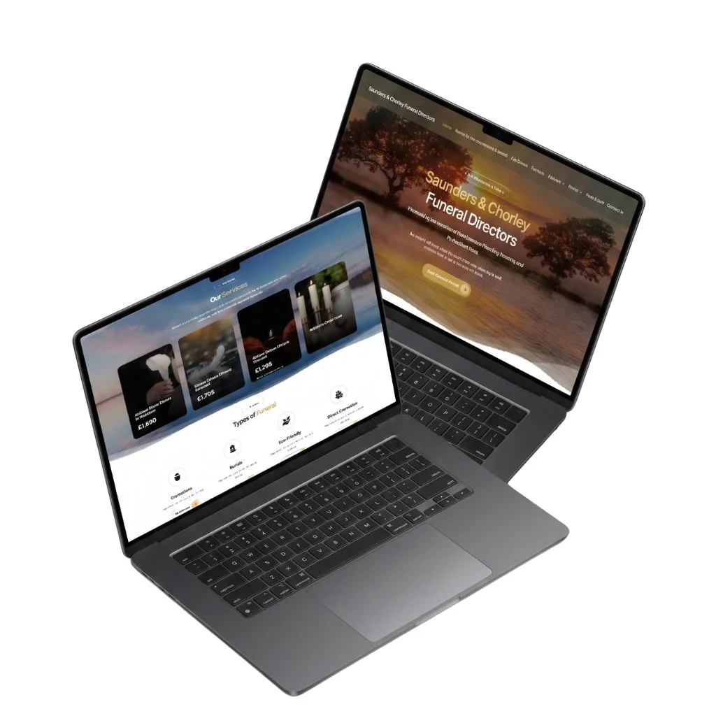 Premium funeral home website mockups on laptop and mobile